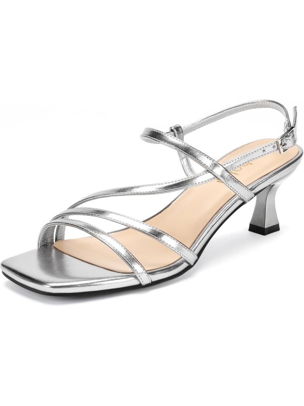 Womens Silver Faux Leather Square Open Toe Ankle Strap Slingback Low Kitten Heel